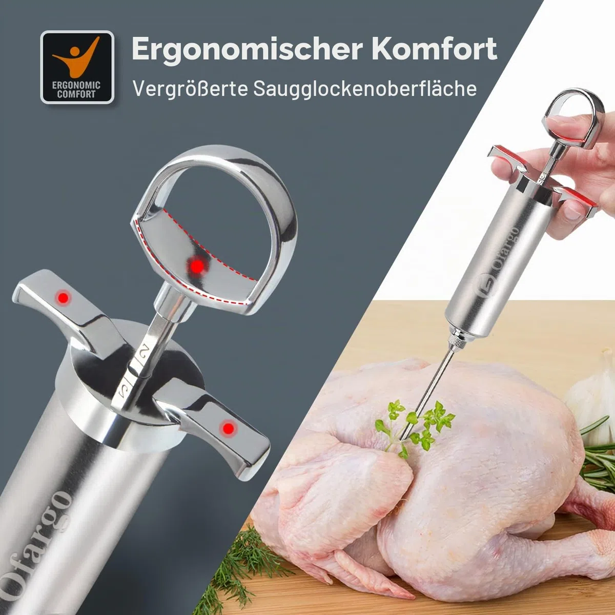 Ofargo Edelstahl Fleischspritze mit 3 Marinadeneinspritznadeln für Holzkohlegrills, 59 ml Fassungsvermögen, inklusive Bedienungsanleitung Geschenk für Männer und Frauen, die gerne grillen