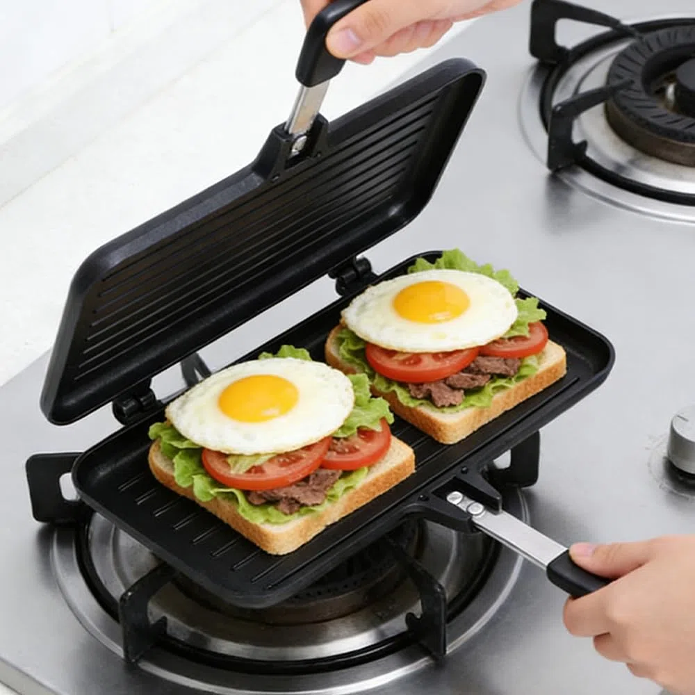 Sandwichmaker Camping Doppelseitige Bratpfanne mit Hitzebeständigem Griff, Sandwich Antihaftbeschichtete Grillpfanne mit Aluminium, Waffeleisen Klapptoaster Sandwich Maker Für Die Küche Zu Hause