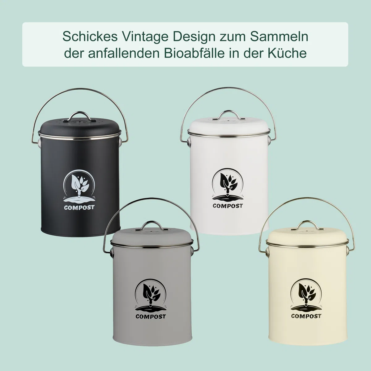 Relaxdays Komposteimer Küche 5,5 Liter, Mülleimer mit Deckel und Geruchsfilter, Abfalleimer Biomüll, Eisen, Creme