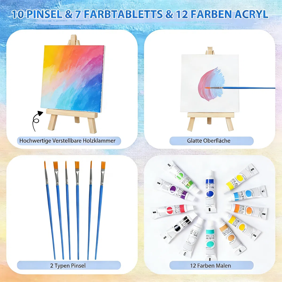 10 Stück Mini Leinwand mit Mini Staffelei, Kleine Leinwände mit Staffelei Klein, 10 Pinseln&12Acrylfarben&7 Farbtablett, 10x10cm Tischstaffelei Holz Leinwand Ständer Set für Malerei zum Zeichnen