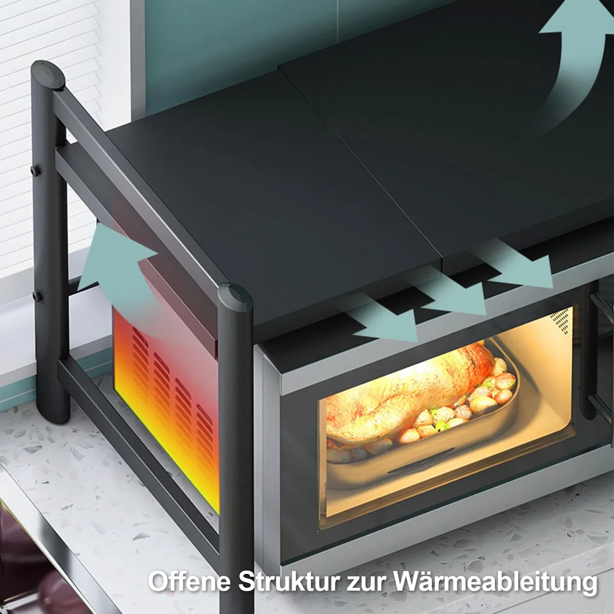 Verstellbares Mikrowellenregal, 2-Stufig Erweiterbares Küchen Mikrowelle Ständer Regal, Mikrowellenhalter aus Kohlenstoffstahl, Küchenaufbewahrung Organizer mit 6 Haken, Schwarz