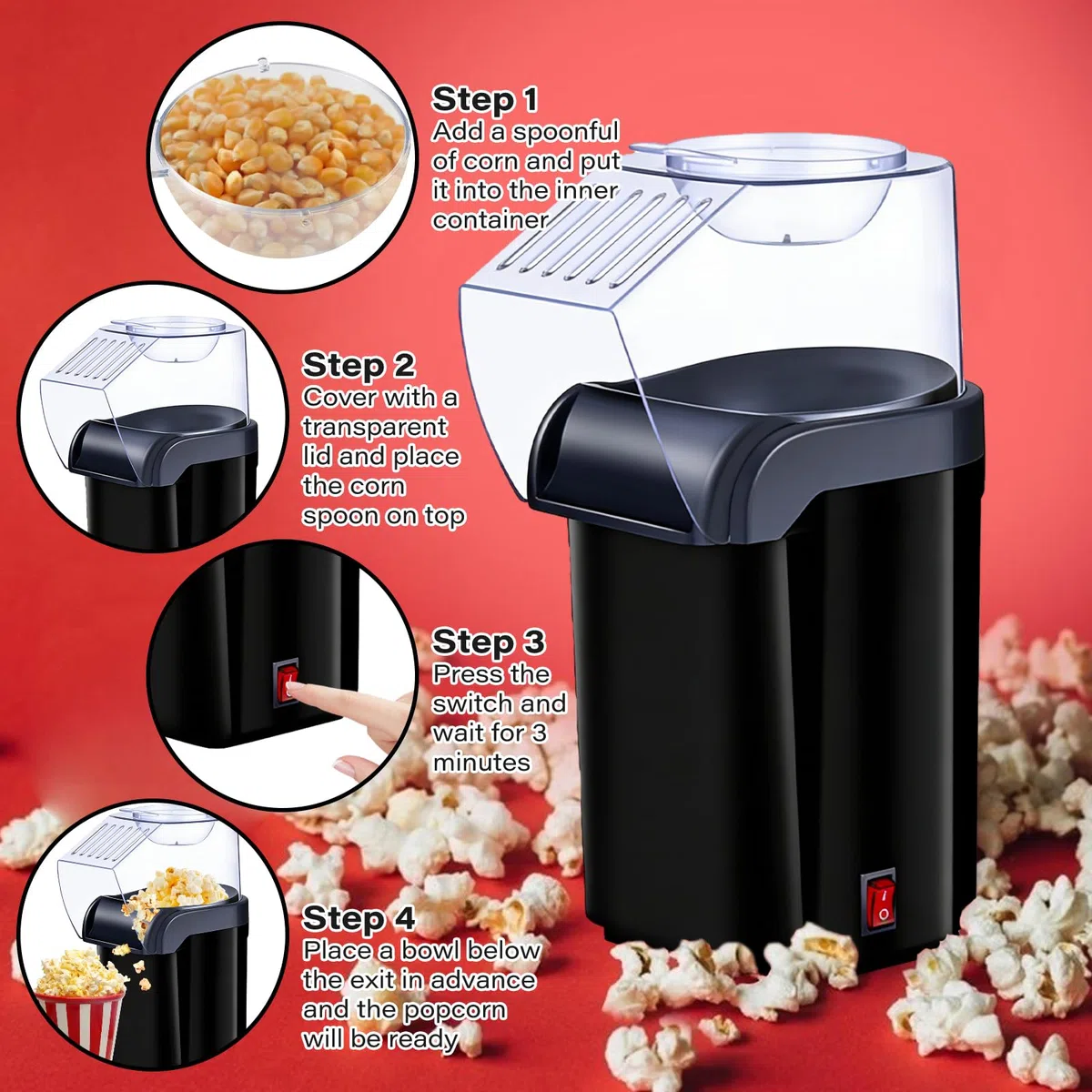 Heißluft Popcornmaschine - 1200W Mini Heißluft Popcorn Maker Ohne Öl Fett, 3 Min Schnellstart, One-Touch, Bedienung Kompakter Popcornautomat Retro Design für Zuhause Heimkino Weihnachten Party