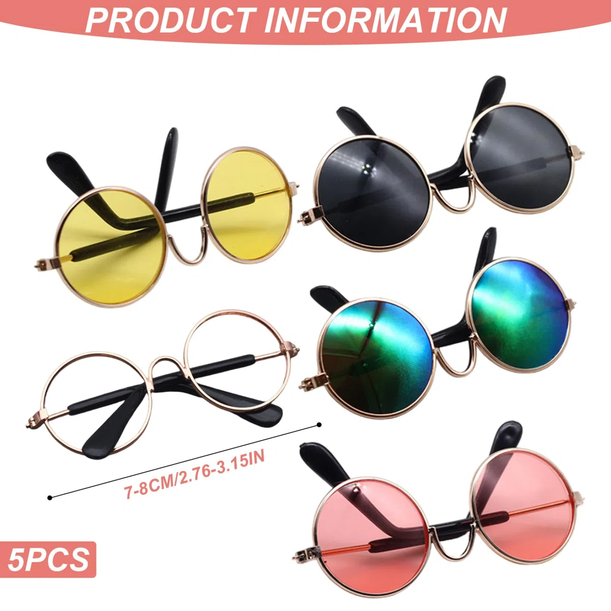 5 Paar Puppenbrillen, klassische Retro-Metall-Mini-Spielzeugbrillen, DIY dekorative Mini-Sonnenbrillen für Puppen, Bastelarbeiten, Cosplay, Foto-Requisiten, Partygeschenke