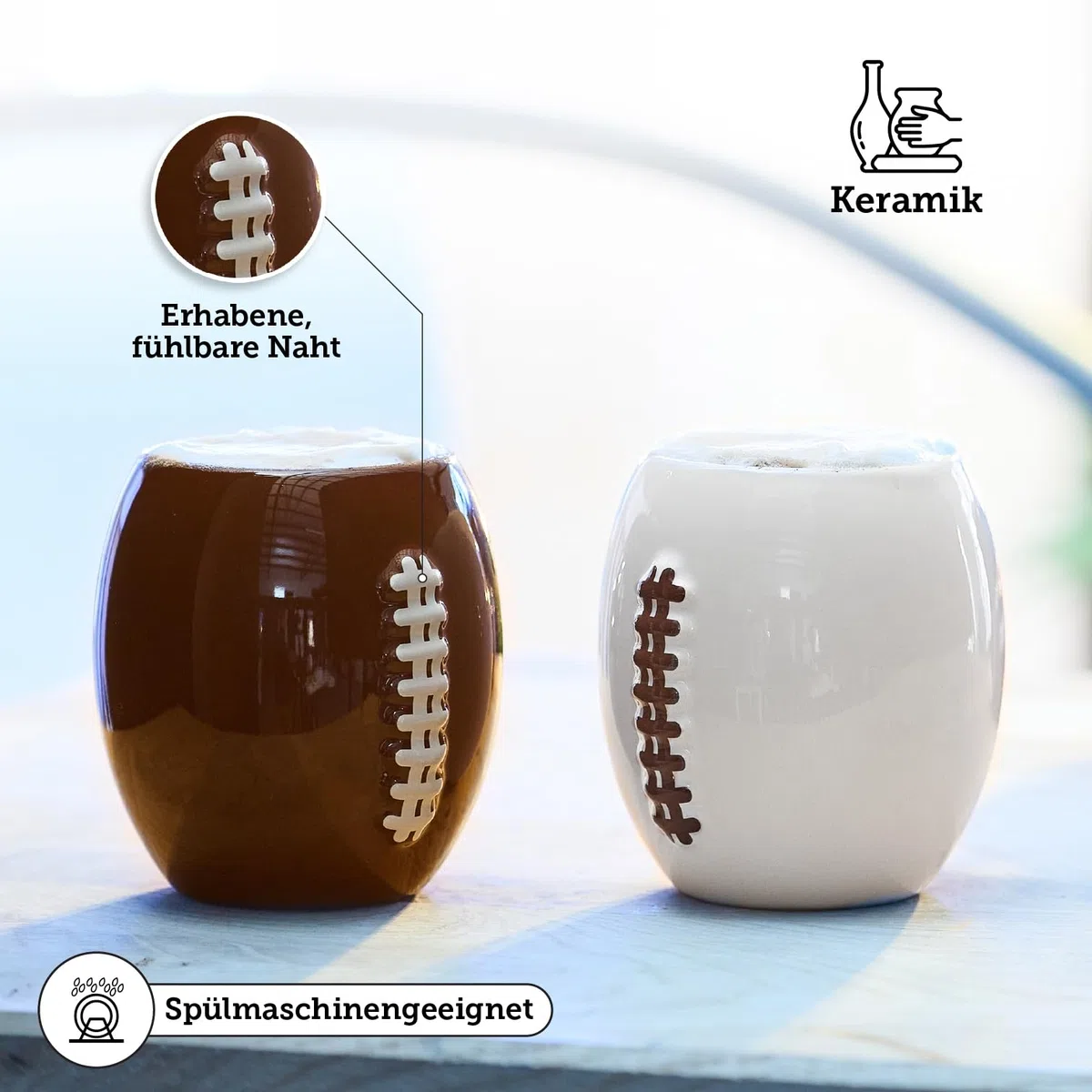 40YARDS American Football Tasse/Kaffeebecher (330 ml) im 2er Set aus Keramik mit erhabener Football Naht für Cappuccino, Flat White, Americano, Tee & mehr