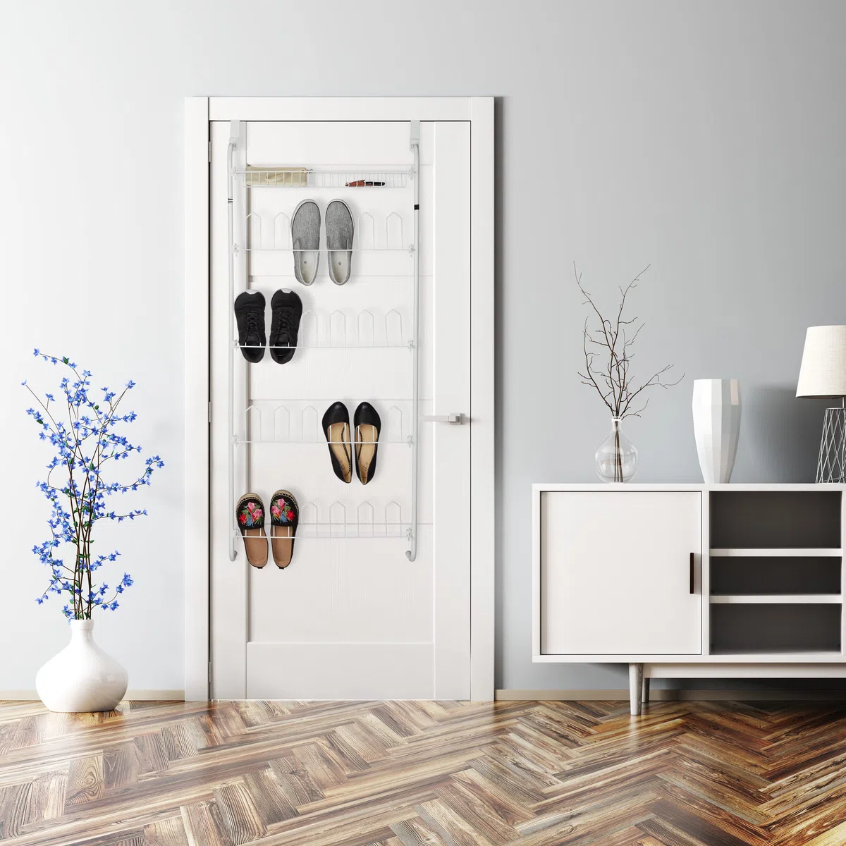 Relaxdays Tür-Schuhregal, 12 Paar, Korb, zum Einhängen, Schuhablagen auf 4 Ebenen, Eisen, HBT: 144 x 60 x 19 cm, weiß