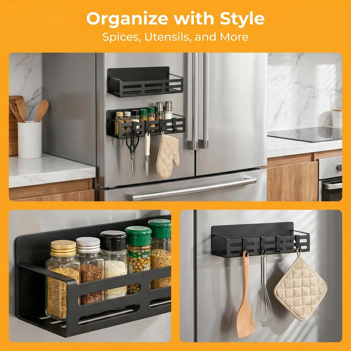 2 Stück Gewürzregale, Kühlschrank Regal Magnetisch mit 8 Haken Magnetregal Magnetic Spice Rack Kühlschrankregal Wandregal Küche Anti-Rost für Küchenorganisation und Lagerung (Schwarz)