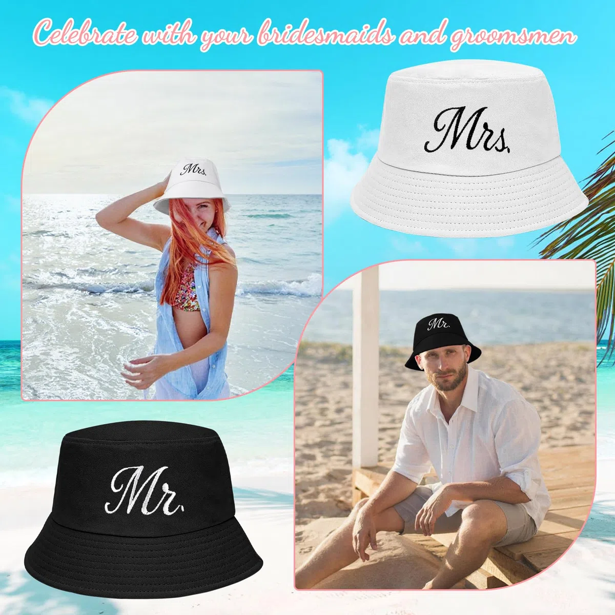 JUSTOTRY 2 pcs Mr and Mrs Bucket Hat für Junggesellenabschied Frauen und Bride to Be Deko,Schwarz und Weiß Braut Hut für Partner Geschenke und Hochzeitsgeschenke für Brautpaar