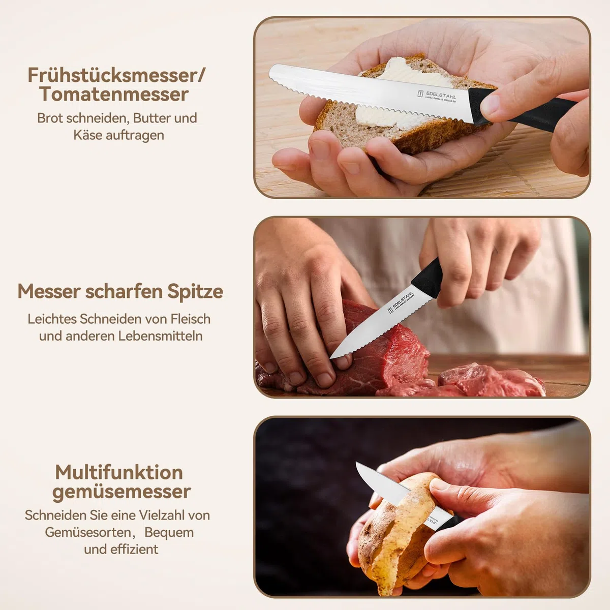 Gemüsemesser-Set,6-teilig,Multifunktionales Messer,Tomatenmesser,Ergonomischer Griff,Superscharfes Küchenmesser-Set,Gerader Schliff,Schwarz