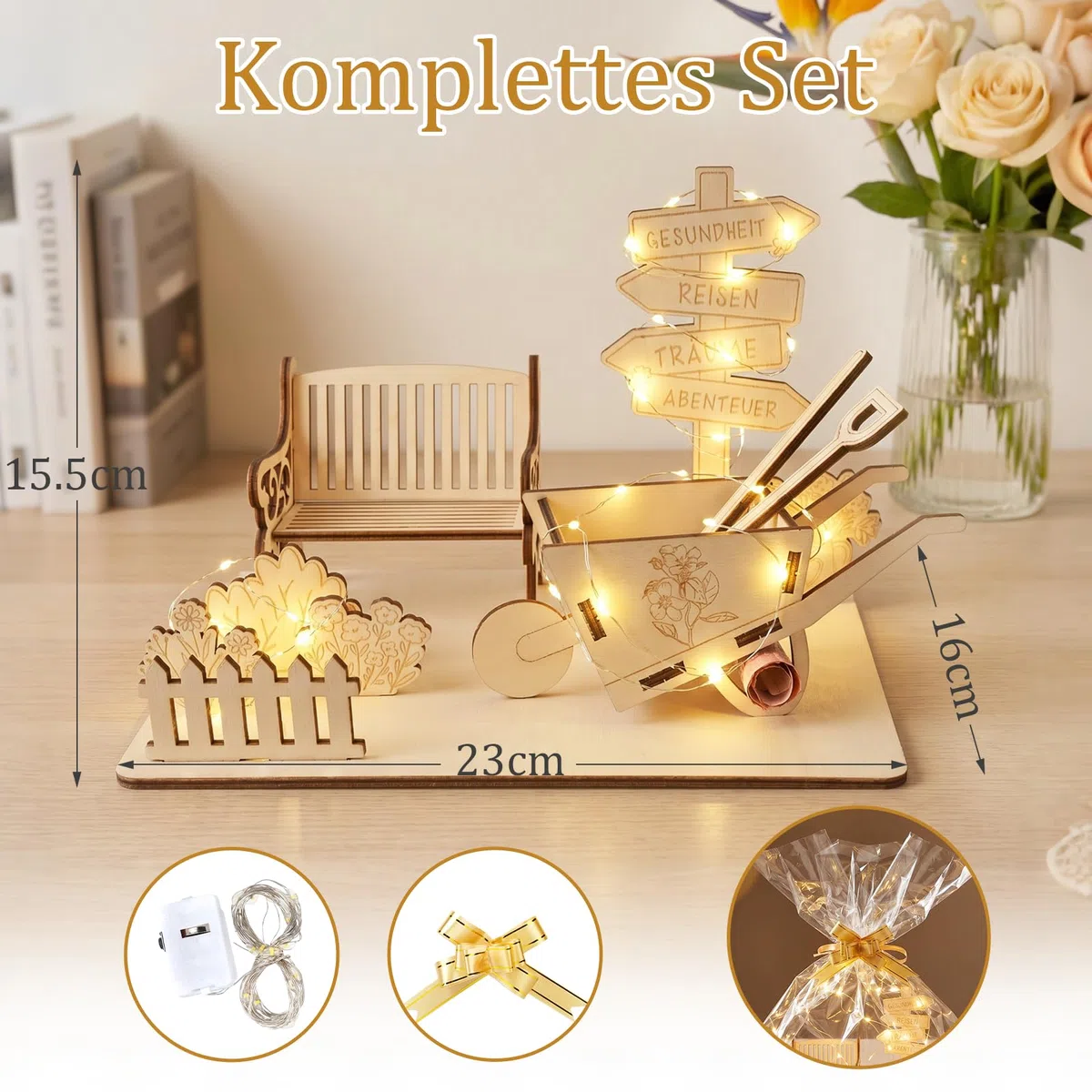 Geldgeschenk Ruhestand Holz mit LED– Kreatives Renteneintritt Geschenk für Frauen & Männer, Schubkarre Geldgeschenk für Rentner, Abschiedsgeschenk Kollegen