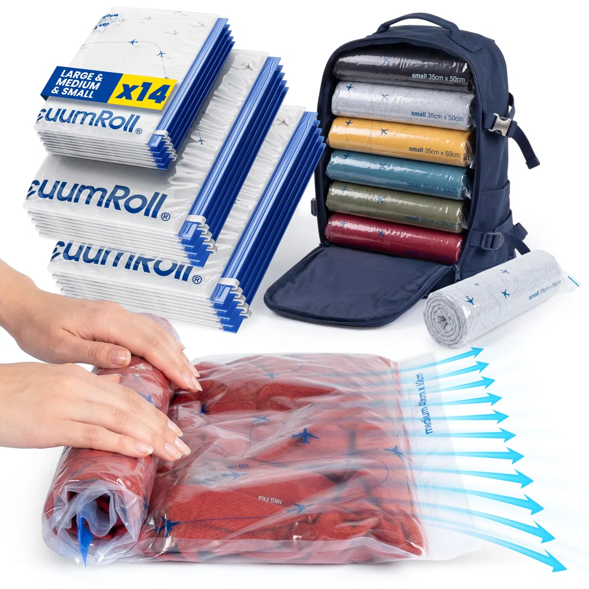 myHodo Vakuumierbeutel zum Rollen (14 Stück) für Kleidung (3 Größen - 70x50 60x40 50x35cm), Kompressionsbeutel, große Reise Vakuumbeutel, Vacuum Storage Bags, Kleiderbeutel für Reisen & Rucksack