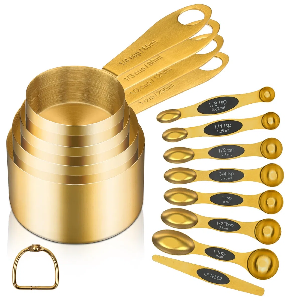 Cuteefun Gold Magnetische Messlöffel und Messbecher 12er Set, 8 Doppelseitige Magnetische Messlöffel mit Wasserwaage, 4 Premium Edelstahl Messbecher, Messen für Trockene und Flüssige Zutaten