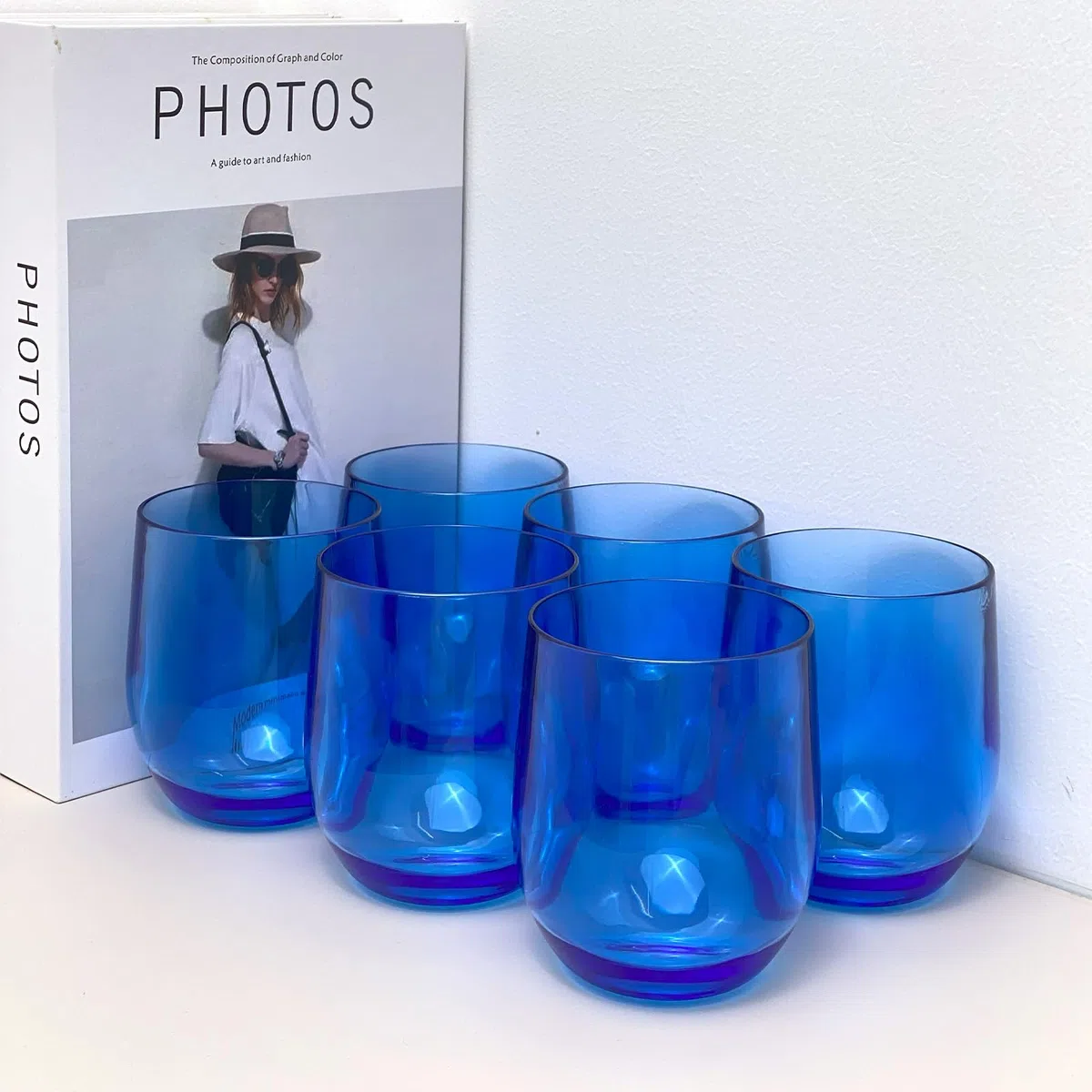 Set of 6 Acrylic Drinkware - 20 Ounce Plastic Wine Glasses, Shatterproof and Stackable, BPA Free, Dishwasher Safe, Reusable Cups for Parties and Poolside Use with (Blue, 15 Ounce)