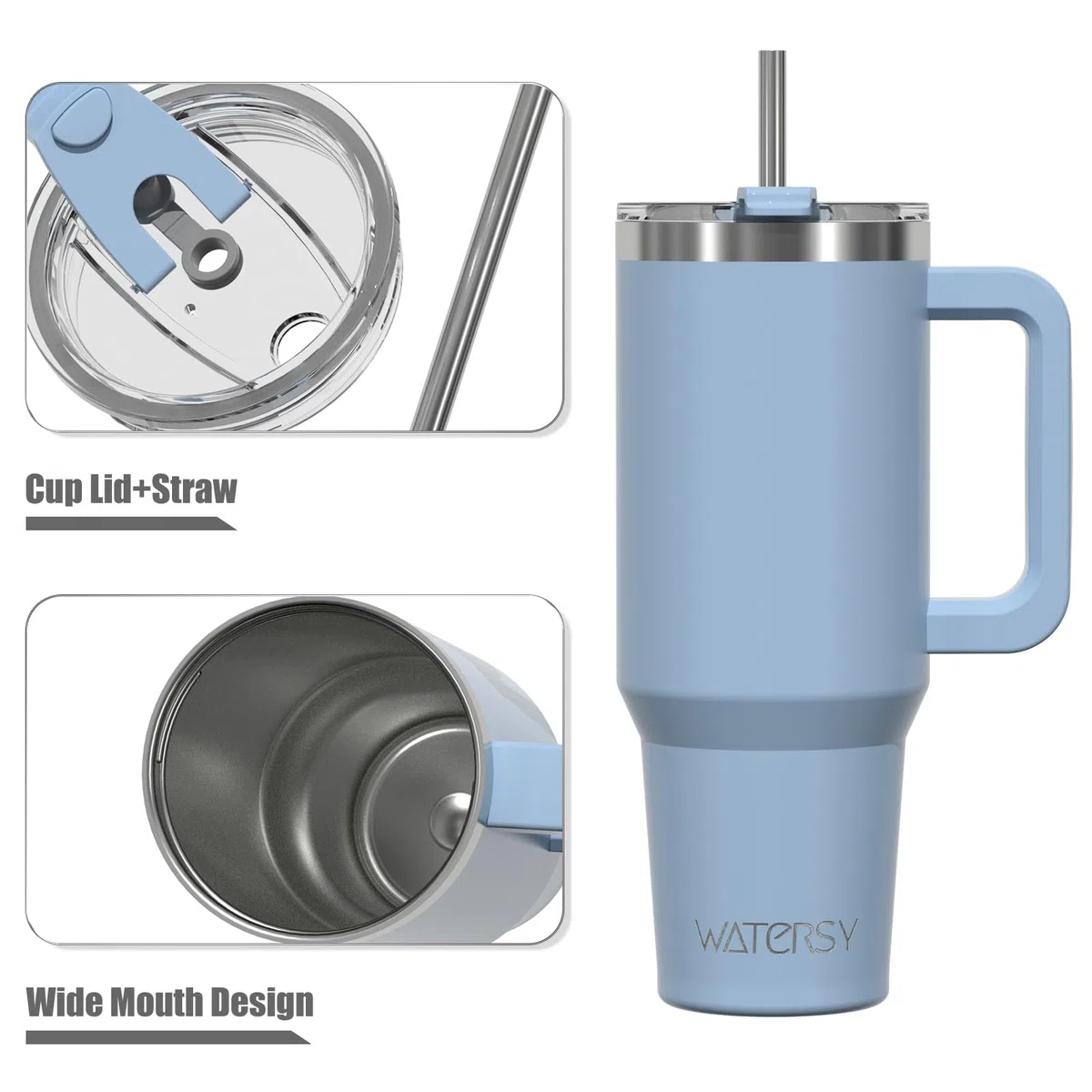 WATERSY 40oz Kaffeebecher to Go Thermobecher Doppelwandiger Edelstahl Vakuum Auslaufsicher Trinkbecher mit Griff und Strohhalm, Tragbare Autobecher Thermal Tumbler Smogblau für Kalte Heiße Getränke