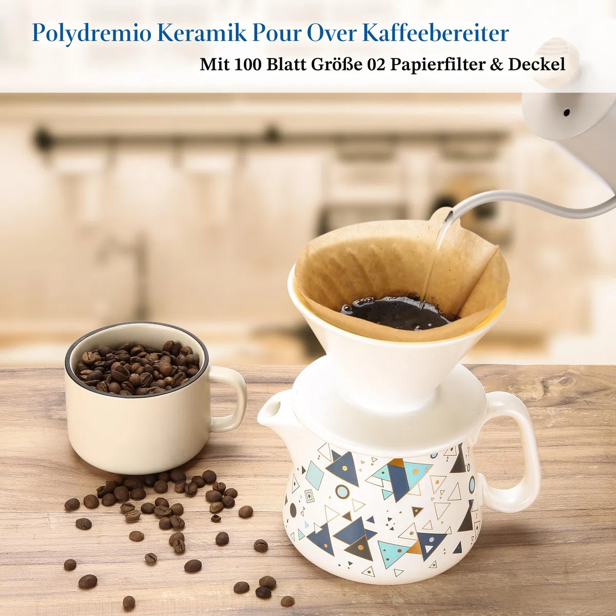 Pour Over Kaffeemaschine, Keramik-Kaffeetropfer mit 100 Stück Größe 02 Papierfilter, Keramik-Kaffeeservice mit Deckel, 450 ml, geeignet für 1-2 Personen (Weiß A)