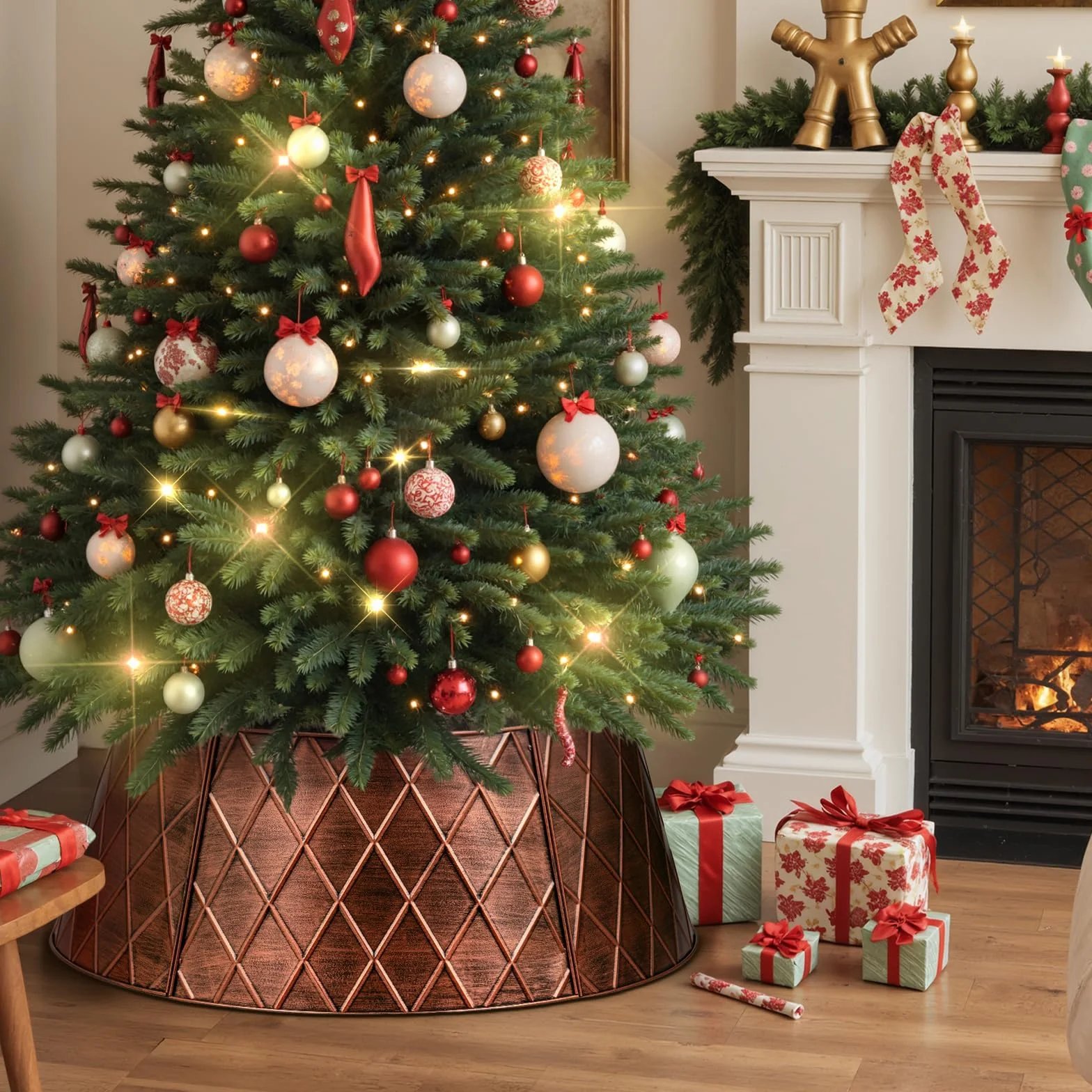 Lanpn Metall Weihnachtsbaum Kragen 50cm, Weihnachtsbaum Halsband Christmas Tree Collar Für Klein Mini S Wetterfest Für Kunstbäume Innen Außen - Weihnachtsdekoration (Kupfer, Raute)