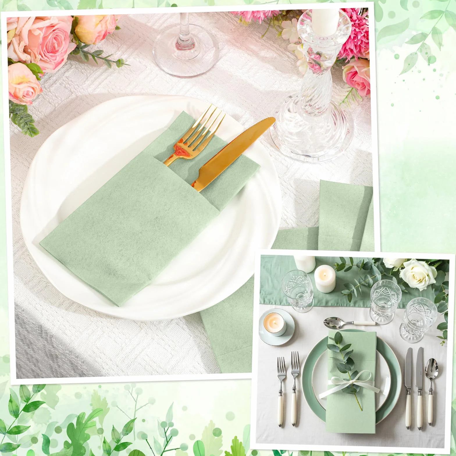 60 Stück Salbeigrün Leinenservietten mit integrierter Bestecktasche, 40.6cm×40.6cm Servietten Kommunion Junge Stoffähnlich Einweg-Servietten für Tischdeko Konfirmation Hochzeit Babyparty Geburtstag