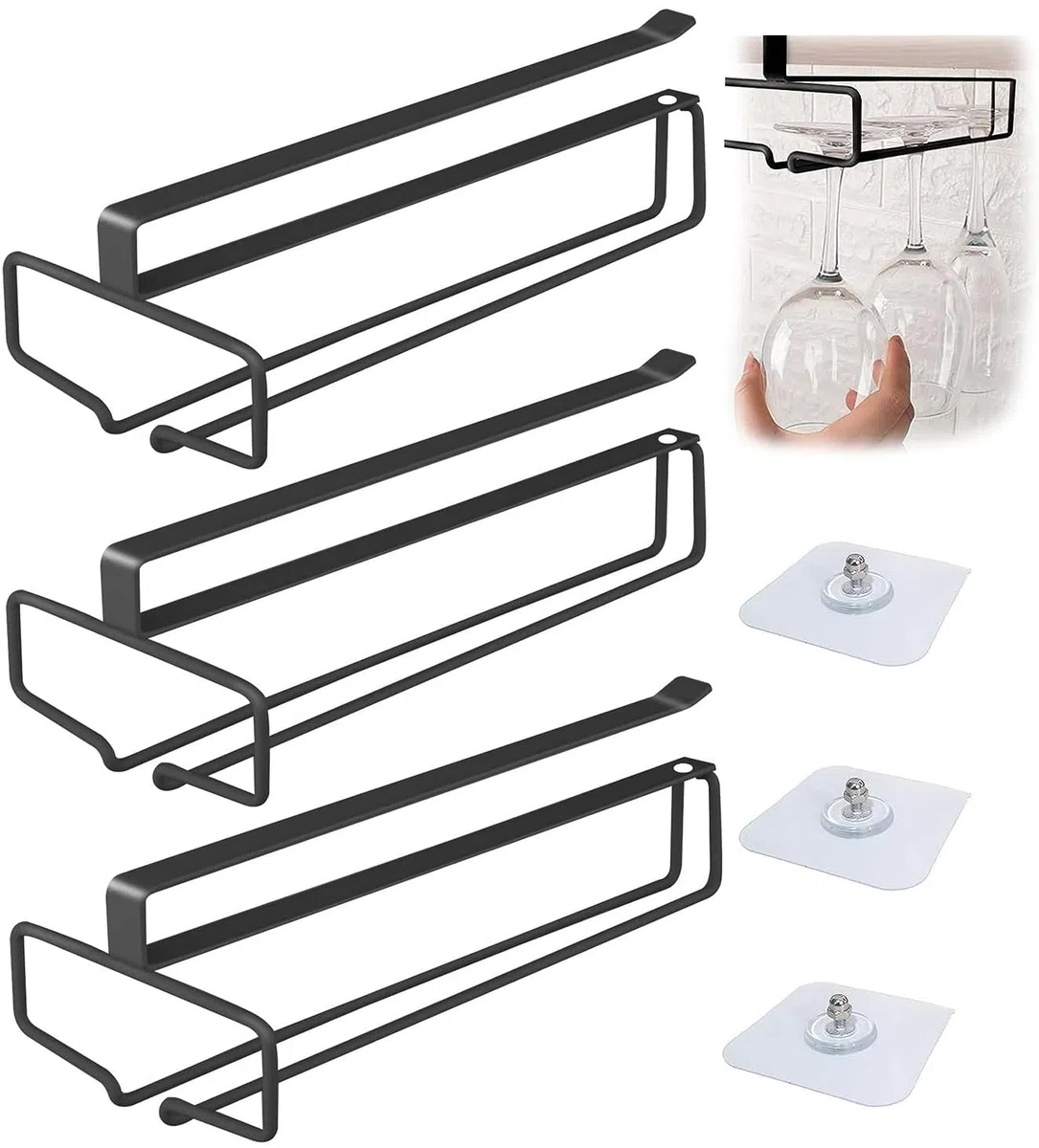 3 Stück Weingläser Halter, Gläserhalter für Weingläser Stielgläser Weinglashalter Gläserhalter aus Metall Gläserschiene Halter Unter Schrank Weinglas Rack für Küche Bar Restaurant, Schwarz