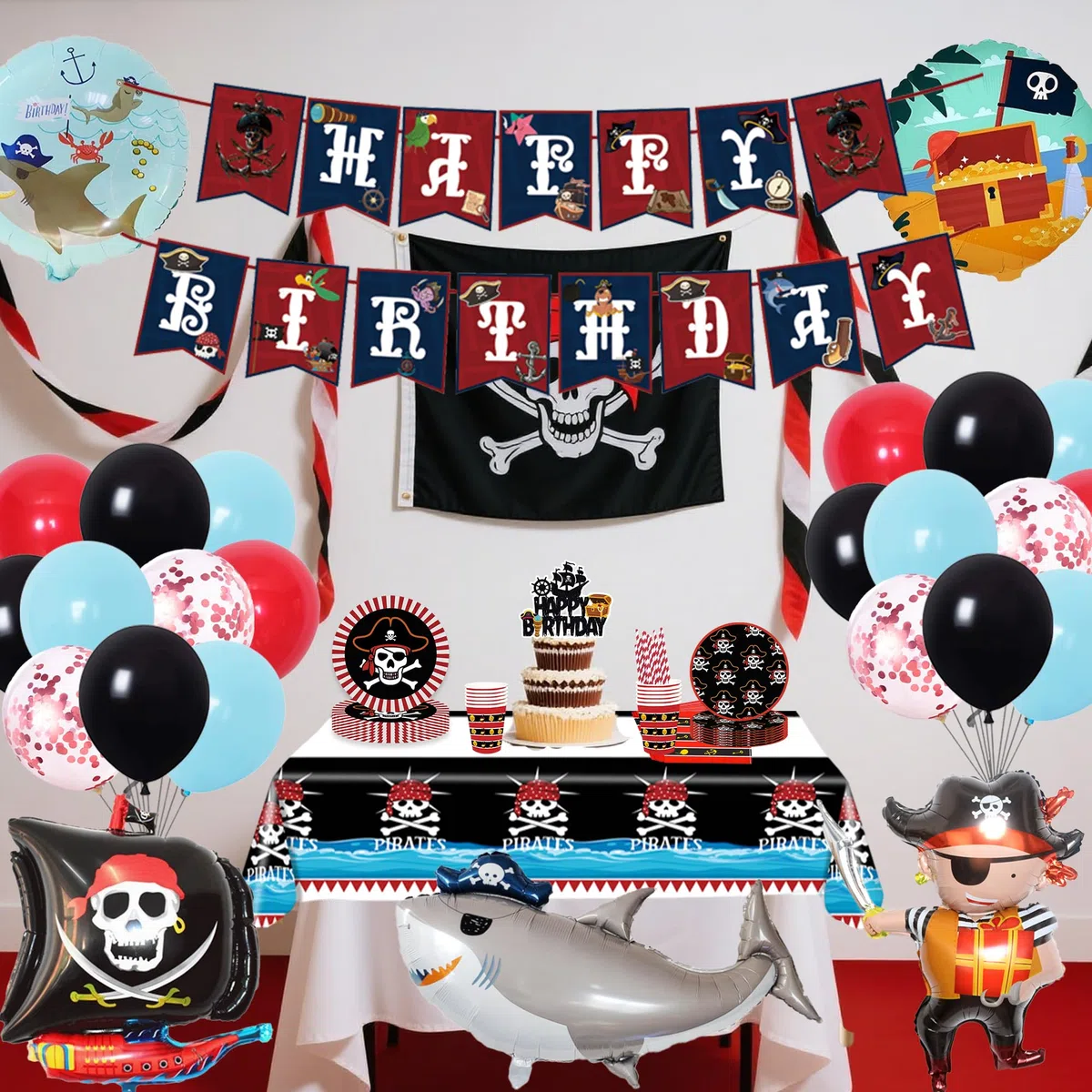 Piraten Deko Kindergeburtstag Partygeschirr Set - Pirate Geschirr Pappteller Becher Servietten Strohhalme, Piratenschiff Folienballon und Happy Birthday Girlande für Geburtstagsdeko