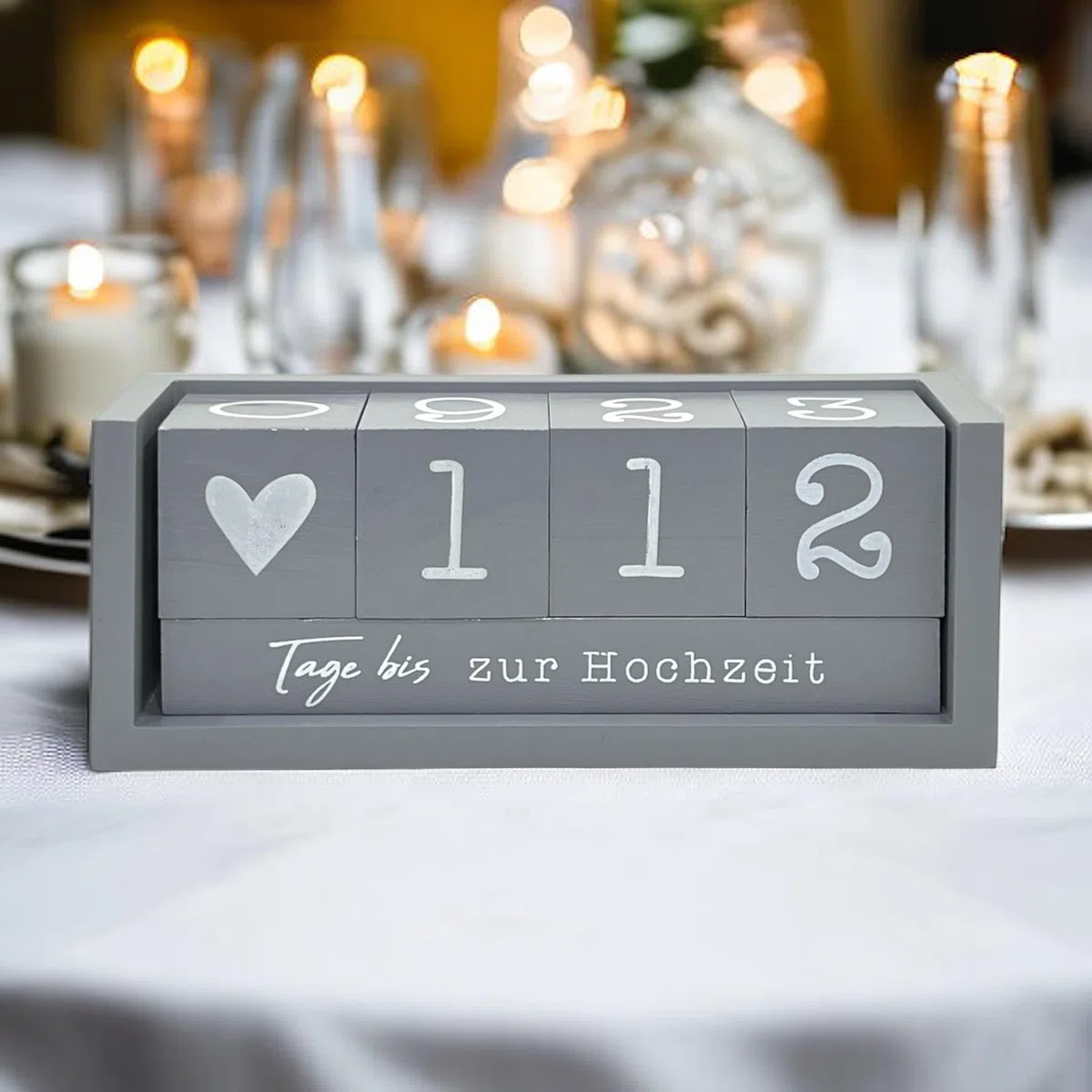 Jahres Countdown Kalender Würfel aus Holz mit Themenleiste - Dauer-Jahre-Tisch-Kalender - Lückenlose Tagezählung bis zu 432 Tagen für Hochzeiten, Geburtstage, Prüfungen und mehr (Grau)