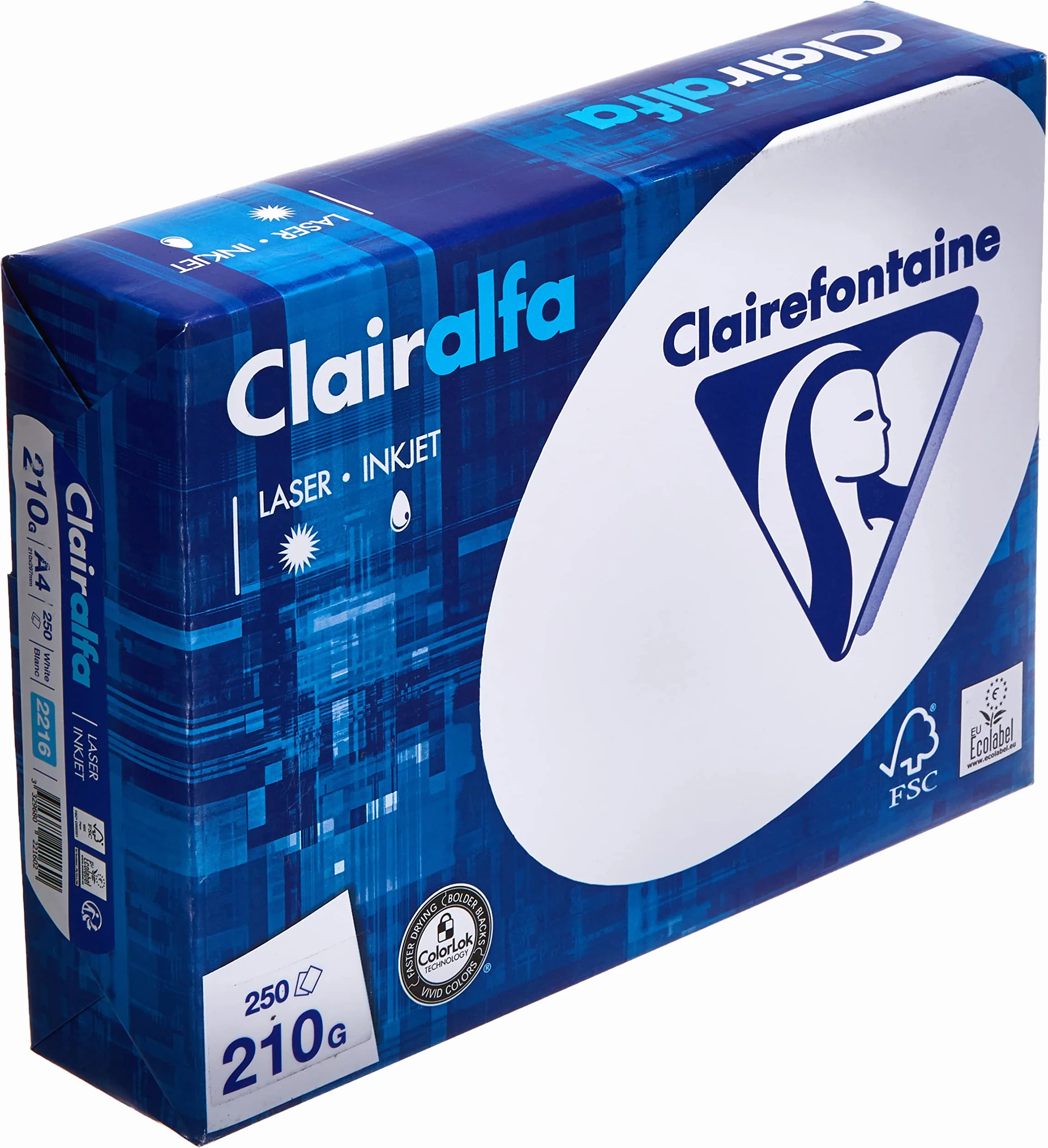 Clairefontaine 2216C - Ries Druckerpapier / Kopierpapier Clairalfa, extraweiß, DIN A4, 210g, 250 Blatt, Weiß, 1 Ries