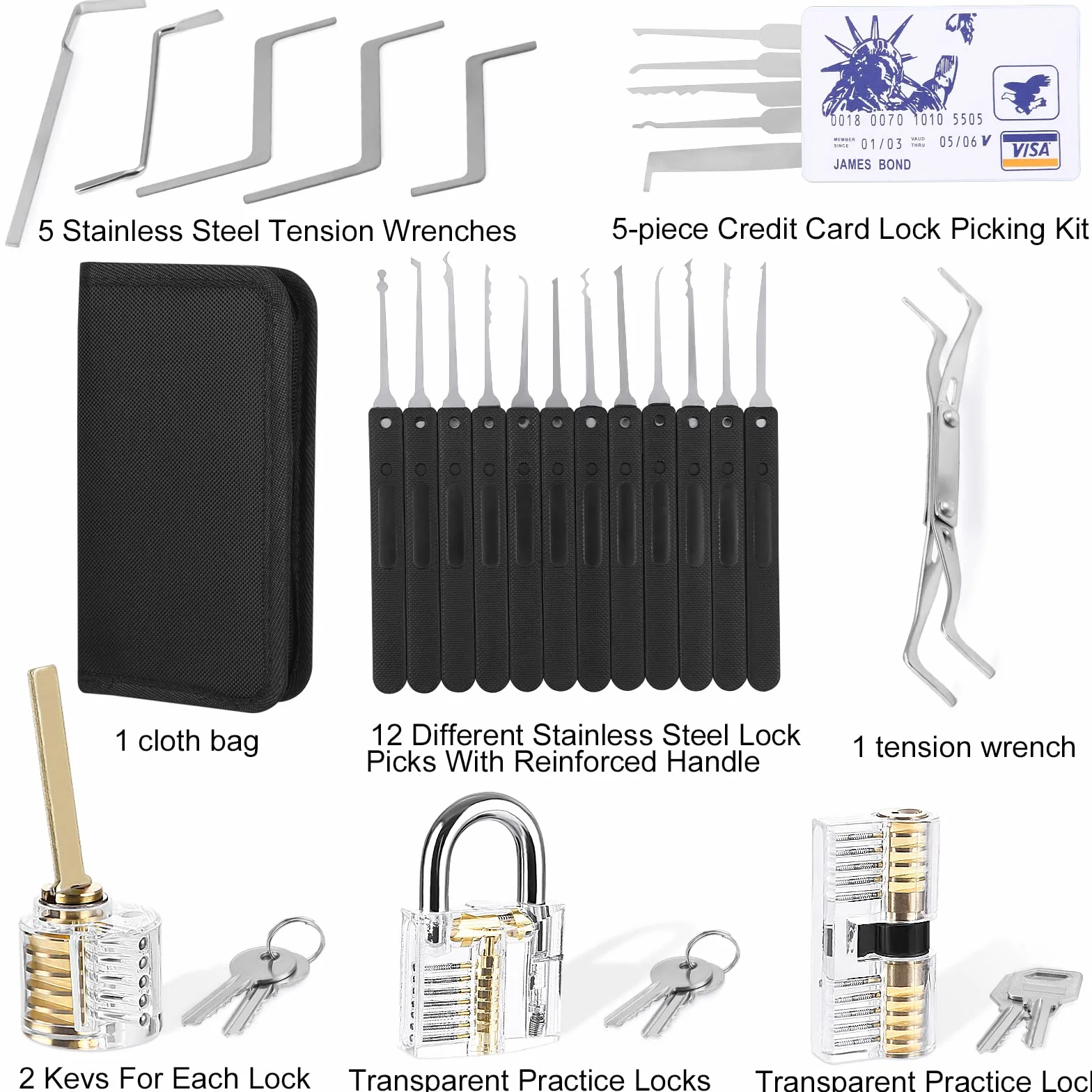 Lockpicking-Set, 34-teilig, Trainingswerkzeuge mit 3 transparenten Vorhängeschlössern, Lockpicking-Kit, bequemer Silikongriff, für Schlösser Anfänger und Profis