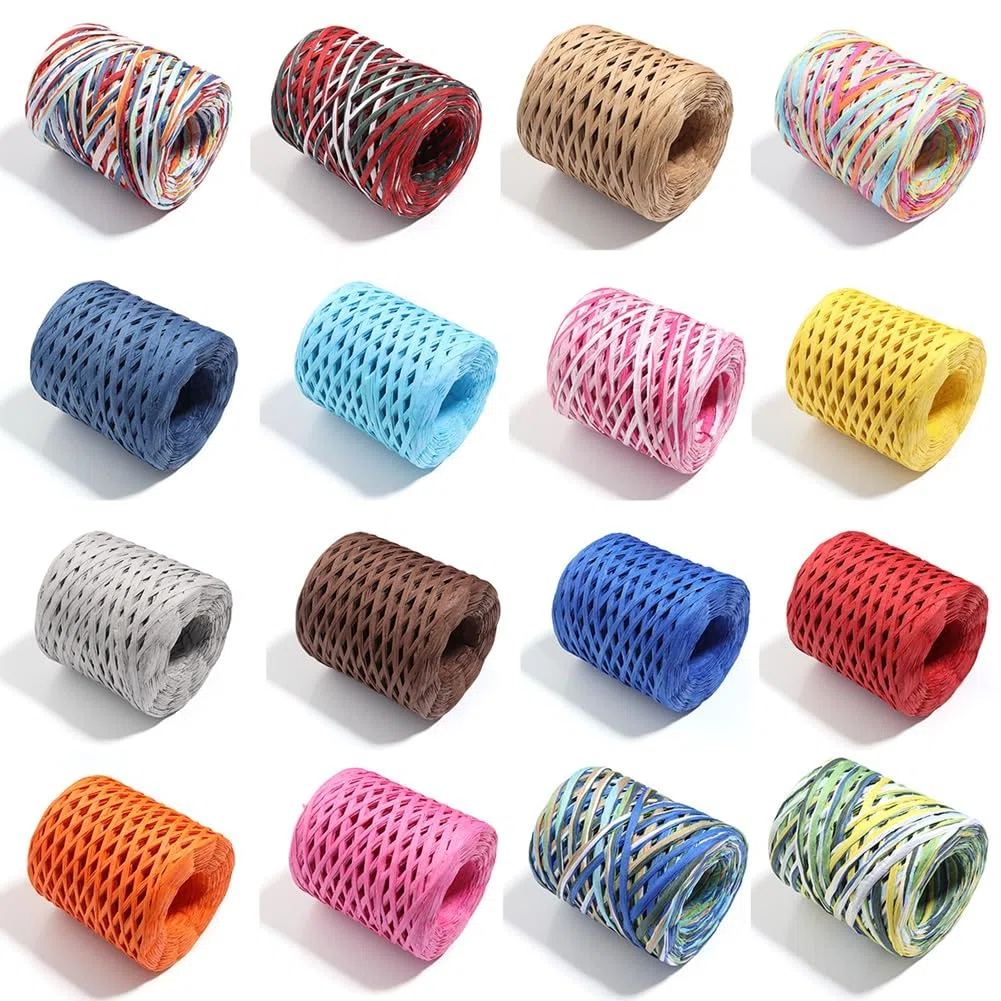 200 m Bastband Bunt Papierbänder Raffia Paper Schnur Geschenkband Papier Bindfäden Häkeln Bast Band für DIY Basteln Geschenkverpackung Weben Weihnachten Dekoration Mischfarben 2