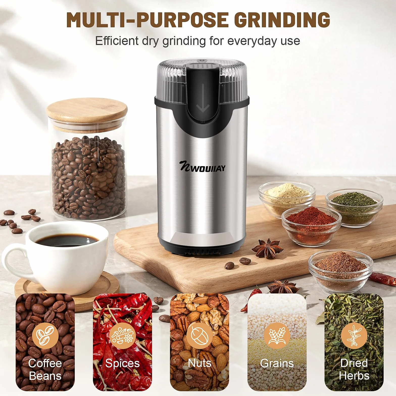 Elektrische Kaffeemühle 300W 80g für Kaffeebohnen und Gewürze | Kaffeemühle 304 Stahlklingen Kaffeebohnen Klingen One-Touch Bedienung Sicherheitsdeckel geeignet für Nüsse Körner Samen