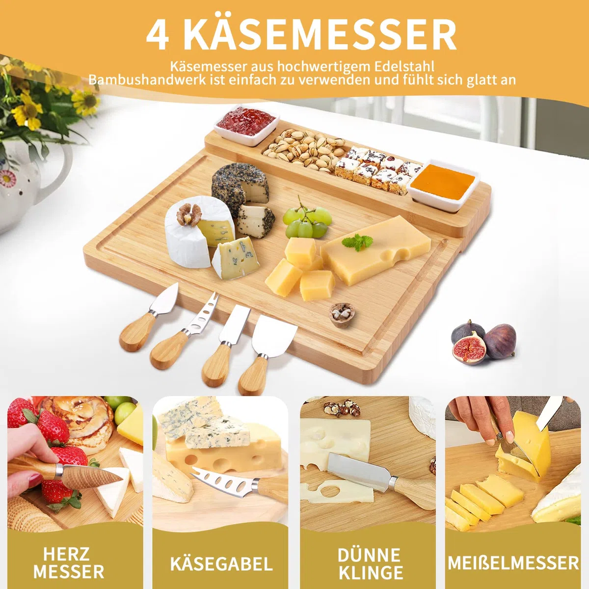 Käsebrett aus Bambus mit Käse Werkzeugen, charcuterie Board, Käseplatten-Set, Serviertablett für Weincracker, Brie und Fleisch, Bambusheber, Einzugsgeschenk für Leckereien und Weihnachten