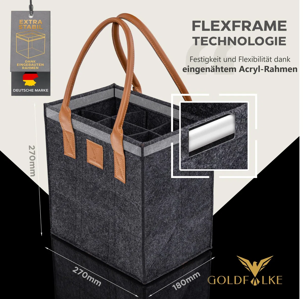 Flaschenträger für 6 Flaschen 1,5l EXTRA STABIL aus Filz – Flaschenkorb, Flaschentasche, Getränkekorb für Bier, Wein & Pfandflaschen – Flaschenaufbewahrung & Getränketräger (6 Fächer grau)
