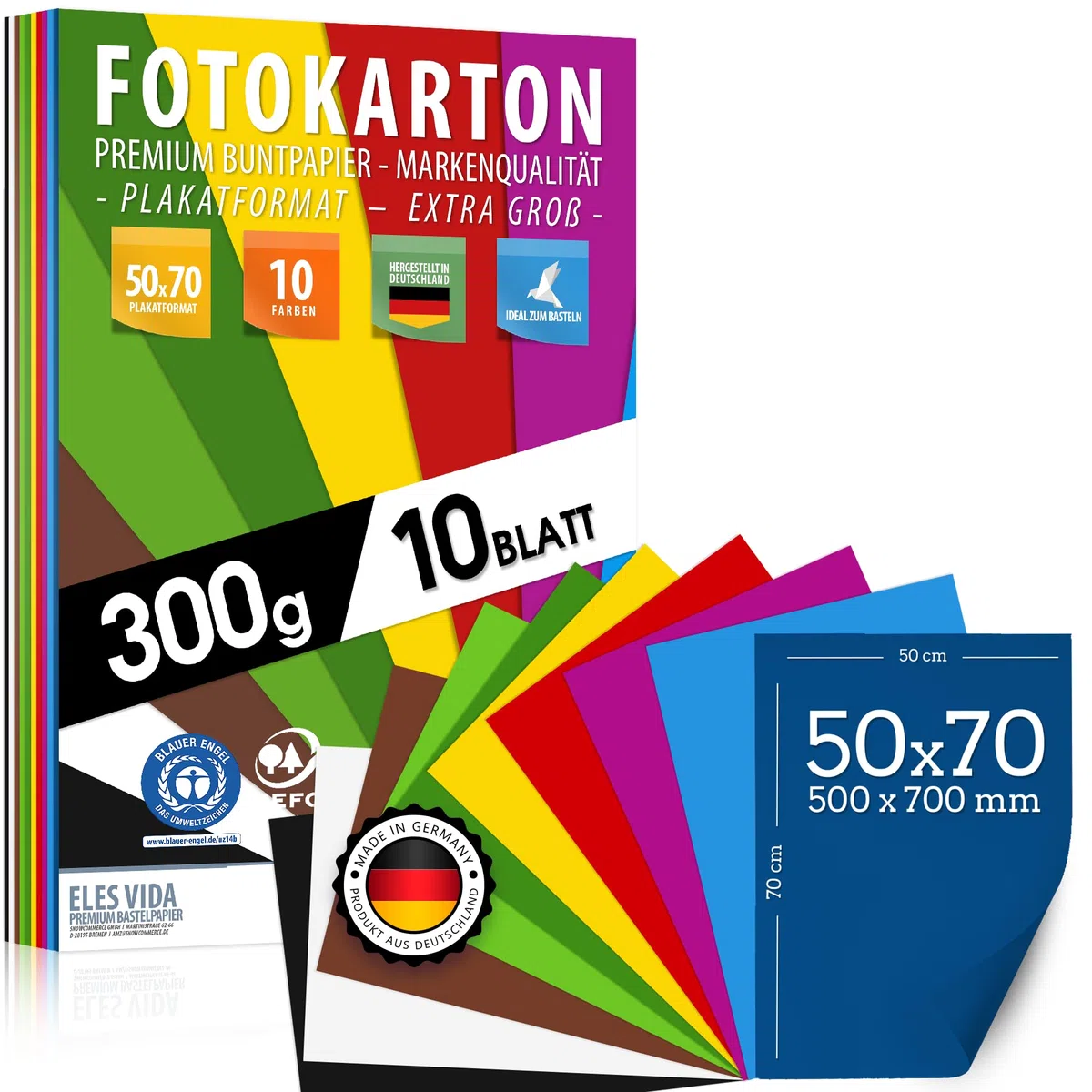 Fotokarton BUNT 300g/m² – PREMIUM PLAKATPAPIER - Karton – 50x70 cm - unbedruckt, Bastelarbeiten, Bastelkarton, Präsentationen, Basteln, Schulpapier, Kindergarten, Großer fester Karton, MADE IN GERMANY