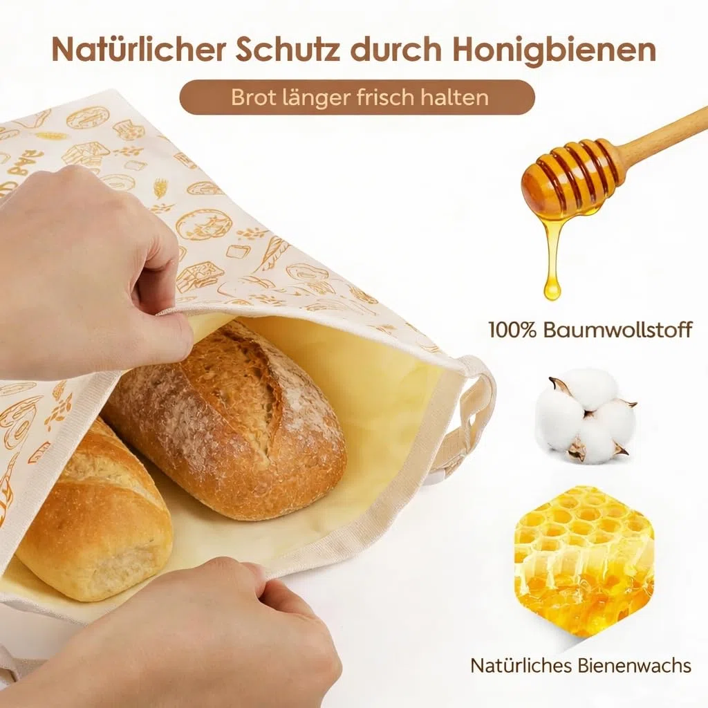 2 Stück Wiederverwendbare Bienenwachs Brotbeutel 43cm×33cm Baumwoll Brottasche mit Bienenwachstuch Innenfutter für Brotaufbewahrung, Baguette, Obst und Gemüse mit Schnallenverschluss