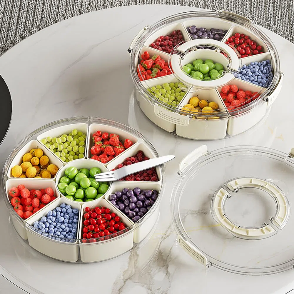 Snackbox mit Fächern, Rund Große Snackdose mit 9 Fächern, Deckel, Griff, 4 Gabel, Snackteller mit Deckel, für Snacks Süßigkeiten Nüsse Obst Gewürze, für Party Picknick Trips