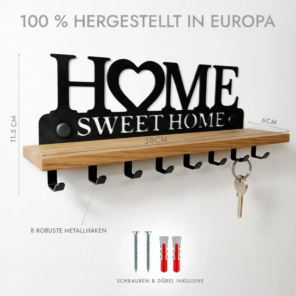 Schlüsselbrett mit Ablage aus Echtholz & Metall | Wandorganizer mit 8 Haken für den Flur | Home Sweet Home Design zur Wandmontage