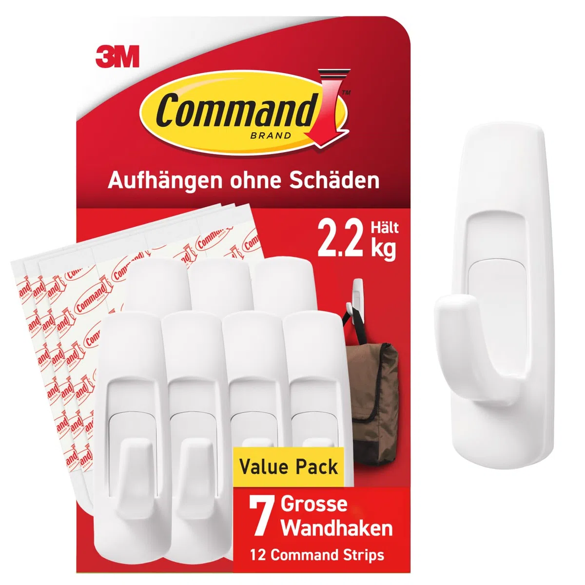 Command Mehrzweckhaken, Vorteilspack, Größe L, Weiß - 7 Haken Selbstklebend und 12 Klebestreifen - Haken für Wand, Türhaken, Organisieren ohne Bohren - Hält 2,2kg