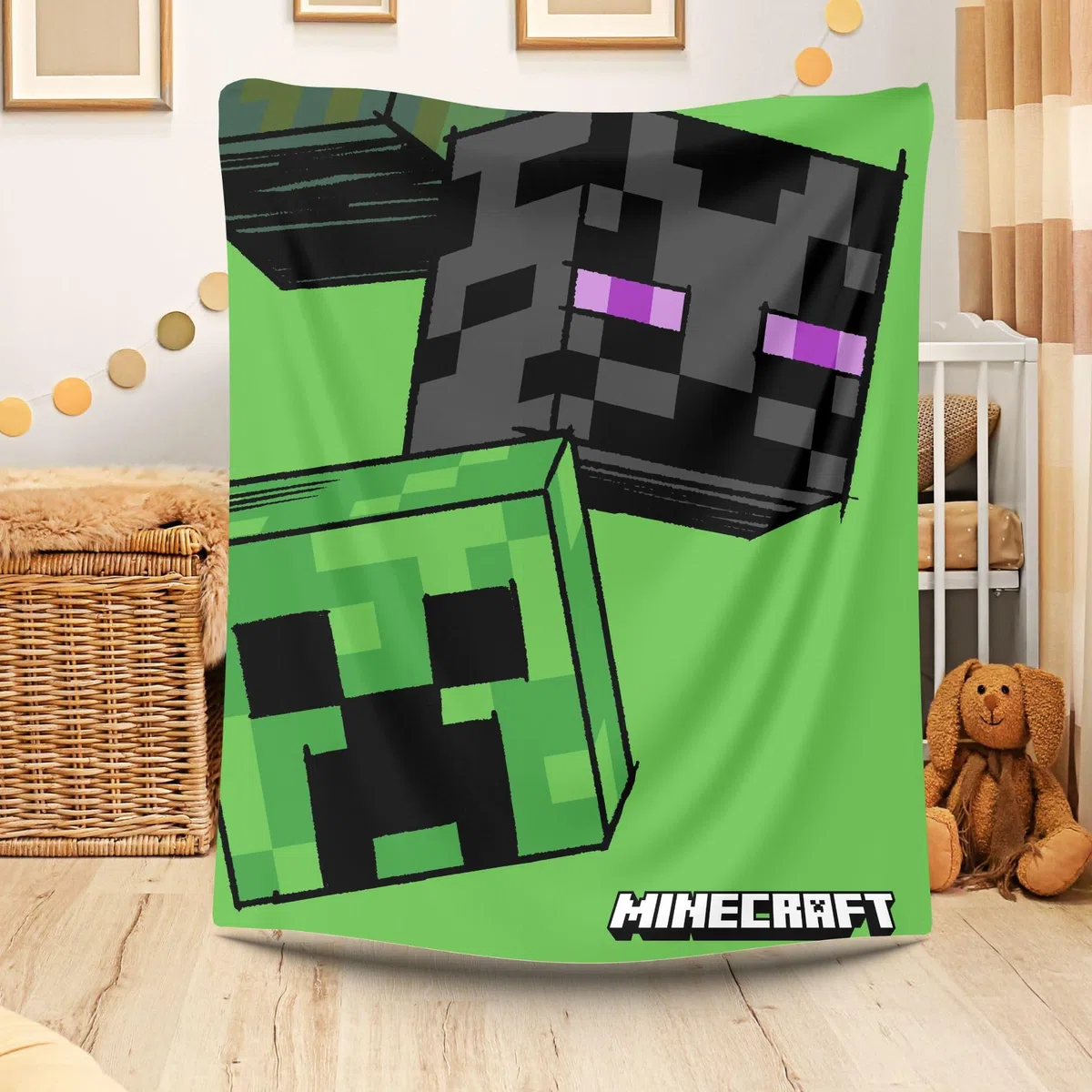 Minecraft Gamer Decke, Polyester, Grün mit Creeper Design, Pflegeleicht, 100x150cm, für Gaming und Kinderzimmer (Grün)