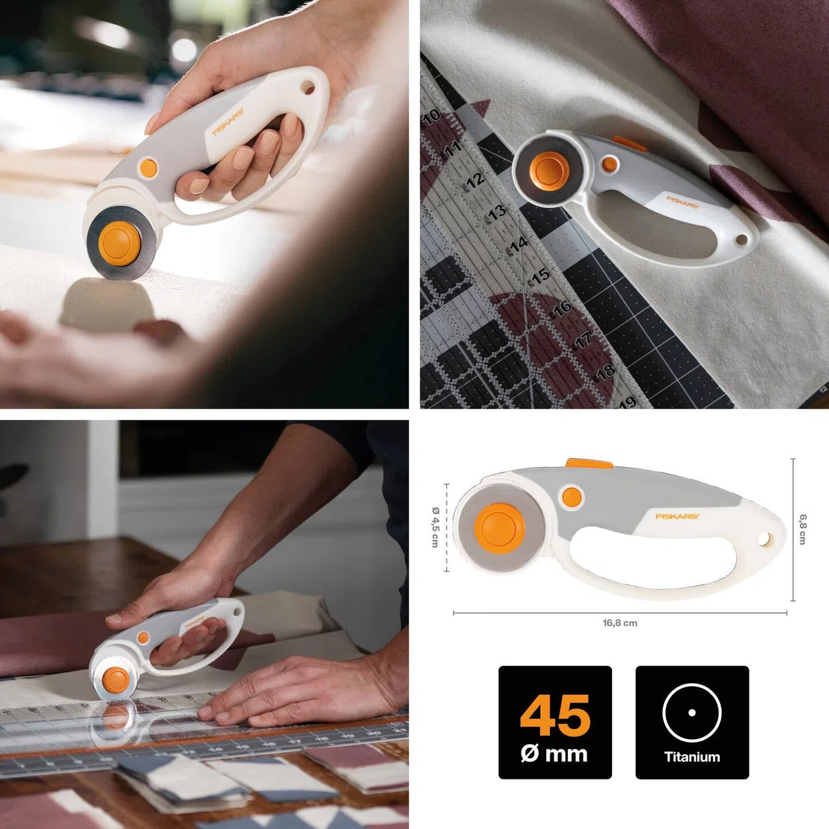 Fiskars Titan-Rollschneider, Rollmesser mit Schlaufengriff, Rechts- und Linkshändig, Klingen-Durchmesser: 45 mm, Orange/Weiß/Grau, 1066047