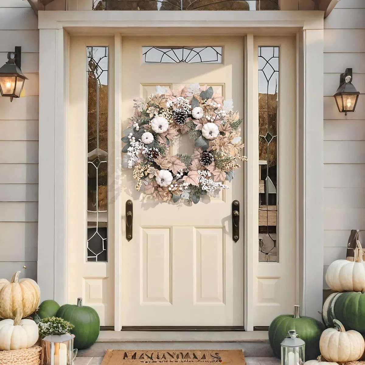Alishomtll Herbstkranz Deko für Haustür Wand Tisch Fenster, 50 cm Herbst Dekoration mit Künstliche Kürbis Ahorn Beere Tannenzapfen, Türkränze für Halloween Erntedankfest Kürbisfest Dekoration (White)