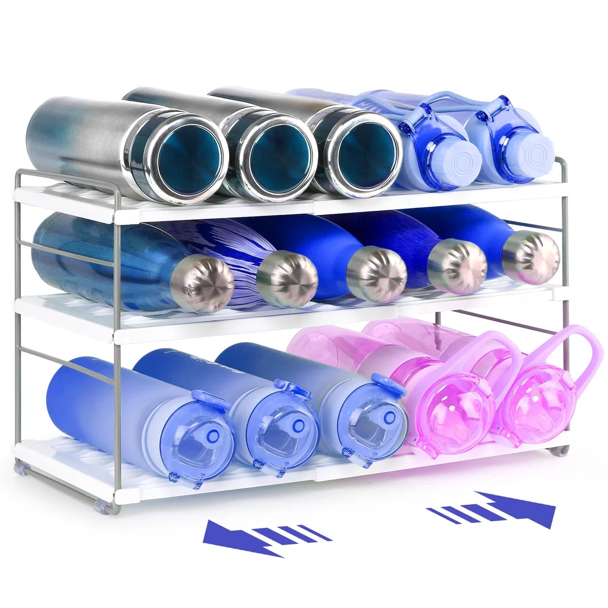 Ausziehbarer Flaschen Organizer 27-42 cm breit, 3 höhenverstellbare Ebenen mit rutschhemmender Wellenstruktur, für große 1,18-L-Becher, Kühlschrank, Küchenschrank, Arbeitsplatte und Büro