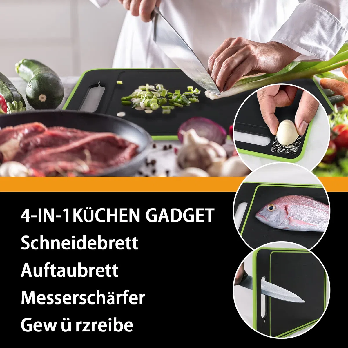 Auftauplatten Schneidebrett mit Auftau-Funktion, 3x Schneller Auftauen Frost Away 4-in-1 Küchen Gadget mit Integriertem Messerschärfer und Gewürzreibe Auftauschale Defrost Tray