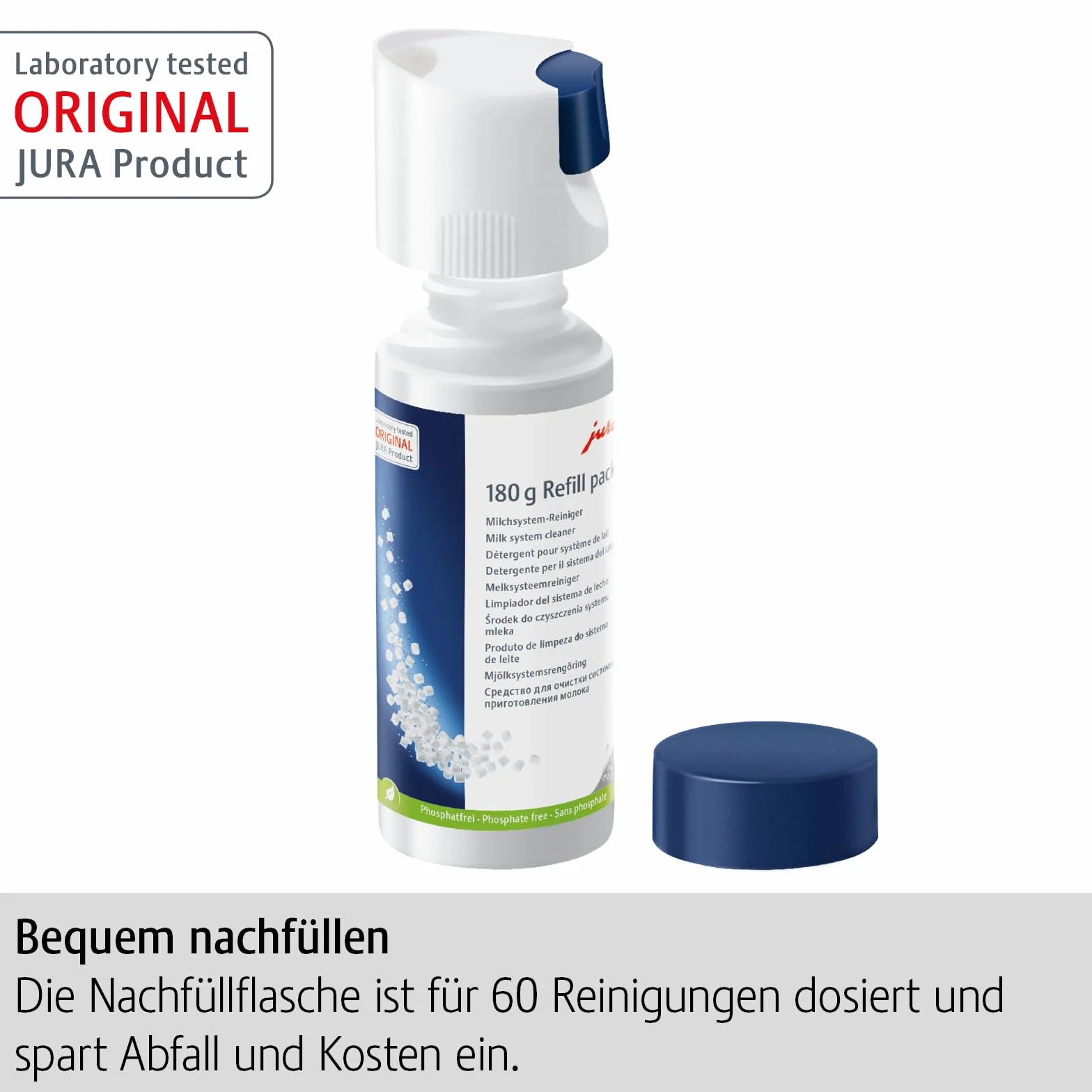 JURA original - Mini-Tabs zur Milchsystem-Reinigung für 60 Reinigungen - TÜV-zertifizierte Hygiene - 180 g Nachfüllflasche - 24212