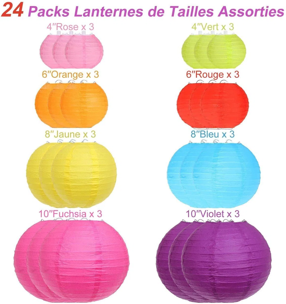 ASelected 24 PCS Bunte Papier Laterne, 25/20/15/10 cm Papierlampions Runde, Lampenschirm Papierlaterne, Bunte Papierlaterne für Hochzeiten, Geburtstage