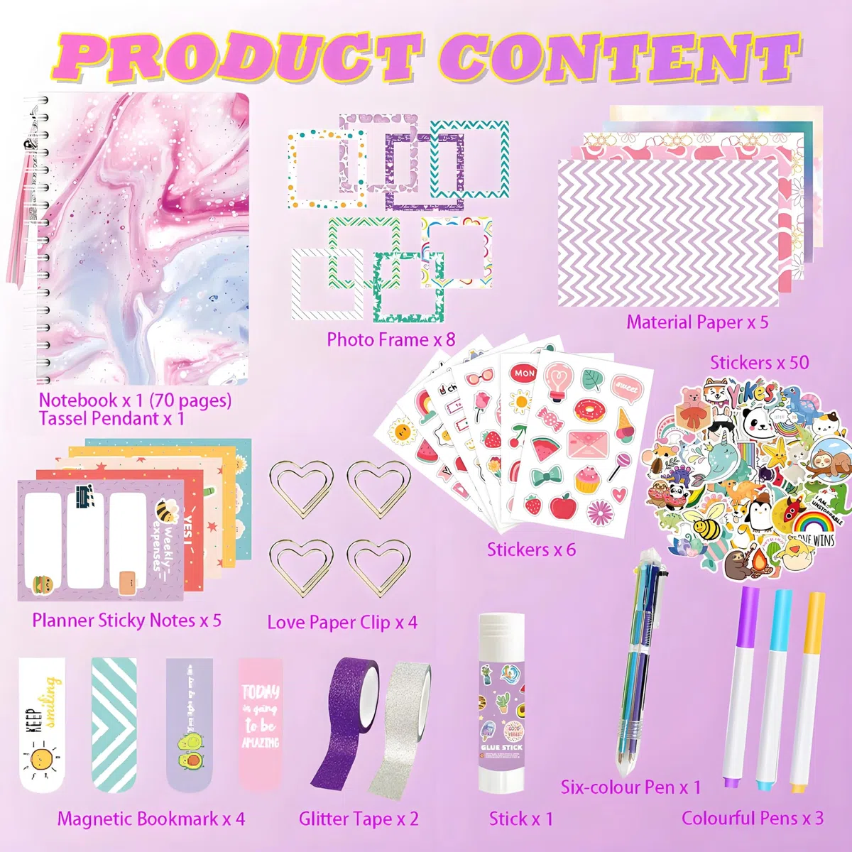 153 PCS Scrapbook Zubehör DIY Scrapbook Set Junk Journal Kit Sticker Scrapbooking Zubehör Sticker Aesthetic A5 Notizbuch Bastelset Tagebuch Weihnachten Kreative Geschenke für Teenager-Lila