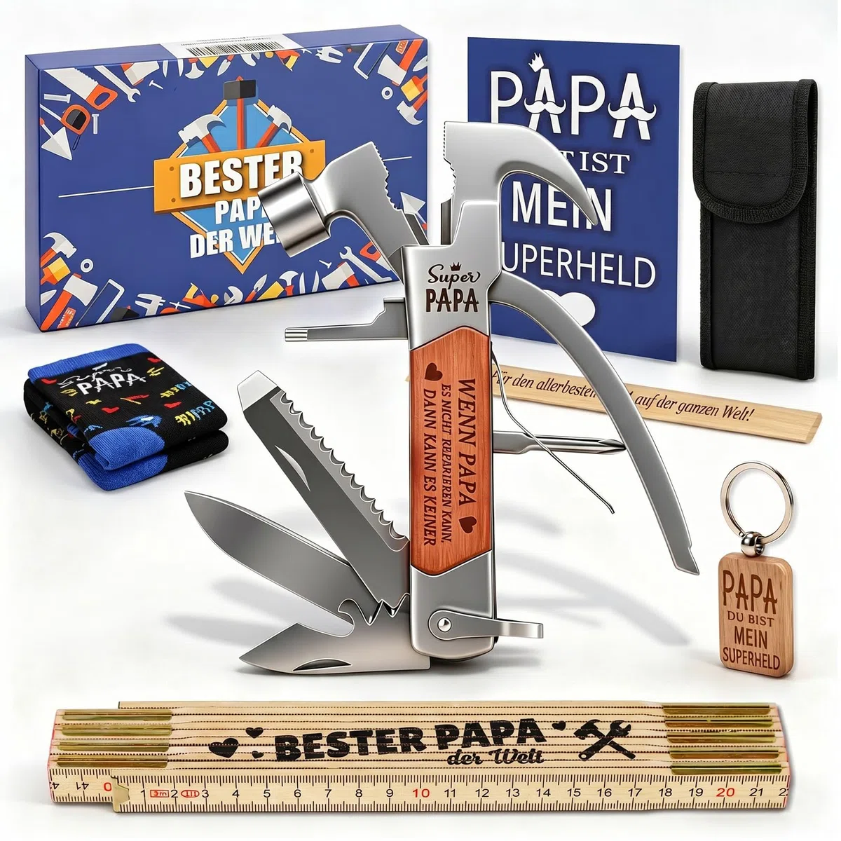 Bester Papa Geschenkset mit 13-in-1 Multitool und personalisiertem Zollstock, Vatertagsgeschenk für Papa mit Socken, Schlüsselanhänger und Karte