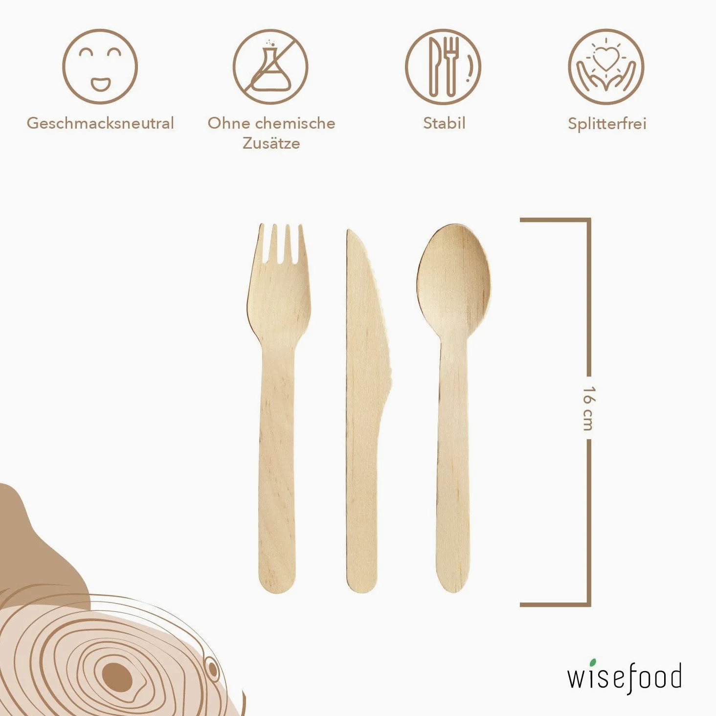 Wisefood Holzbesteck Set, 100 Holzgabeln, 100 Holzmesser, 100 Holzlöffel, 300-teiliges Einwegbesteck Set 16,5cm, Biologisch abbaubares und splitterfreies Partybesteck (2 Sets)