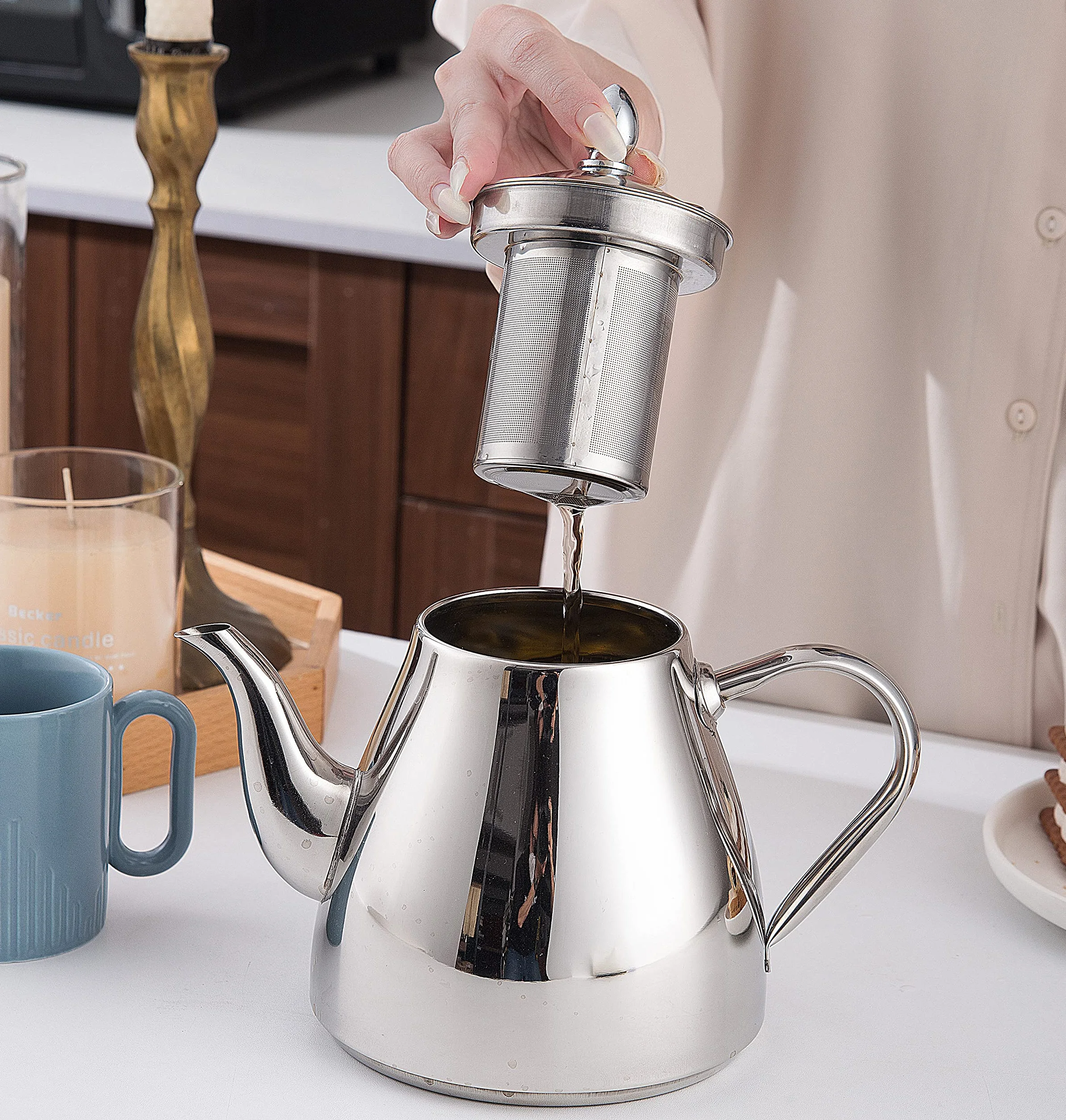 SANQIAHOME Edelstahl-Teekanne mit Siebeinsatz,Teekannen,2.0L