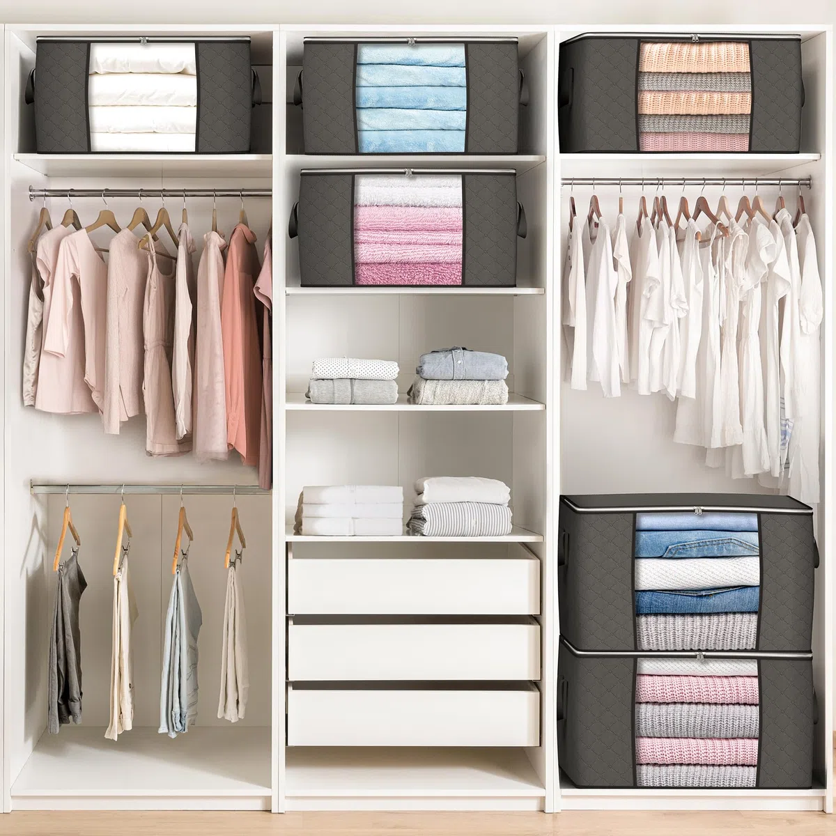 Budding Joy 6 Stück 90L Aufbewahrungstasche, Aufbewahrungsbox mit Deckel Große, Kleider Aufbewahrung Umzugskartons, Faltbare Unterbett Kleiderschrank für Kleidung Bettdecken und Bettwäsche, Grau