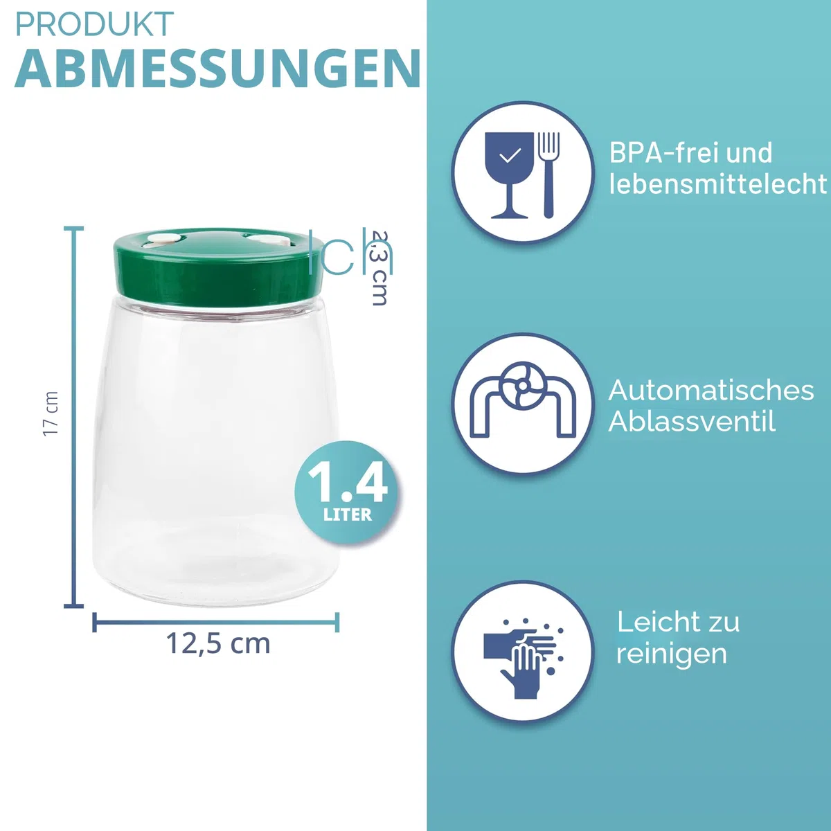 HEFTMAN Gärglas mit Entlüftungsventil mit 1-Wege-Entlüftung - 1.4L 2er-Pack Lebensmittelecht Fermentierglas für Kefir, Kimchi, Sauerkraut, Sauerteigstarter, Overnight Oats - 2 Stück (Grün)