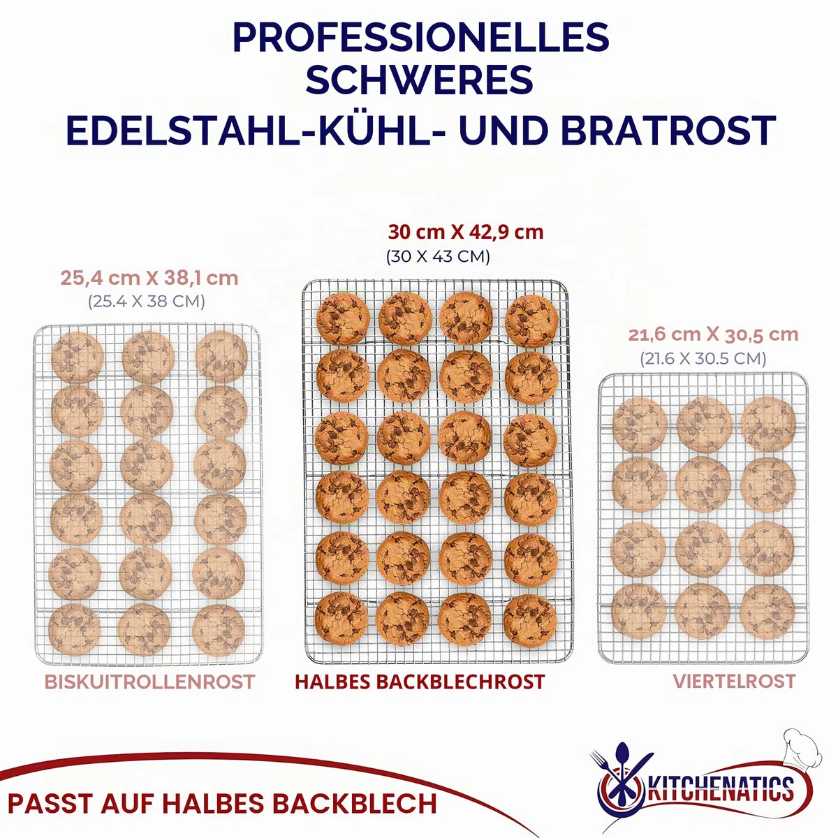 KITCHENATICS Edelstahl-Grillrost & Auskühlgitter, passt auf Backbleche für das Backen von Keksen und Kuchen, Räuchern, Grillen, & Auskühlen, Rost- Resistent & Ofenfest (29,97 x 42,93 cm) Set VON 2