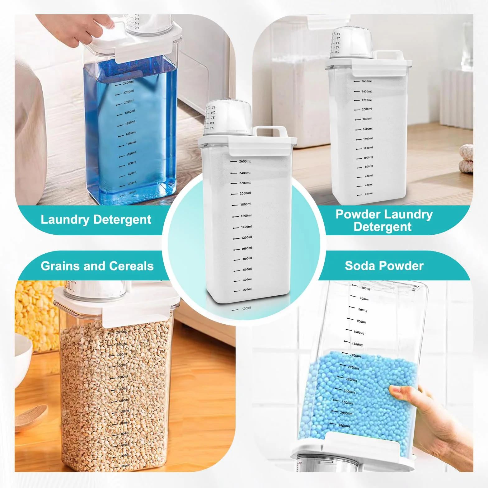 Luftdichter Waschmittelspender Mit Messbecher, Waschpulver Aufbewahrungsbox, PET Kunststoff Klar, BPA-frei, mehrzweck-waschpulver-spender für Waschmittel, Getreide (2900ml)