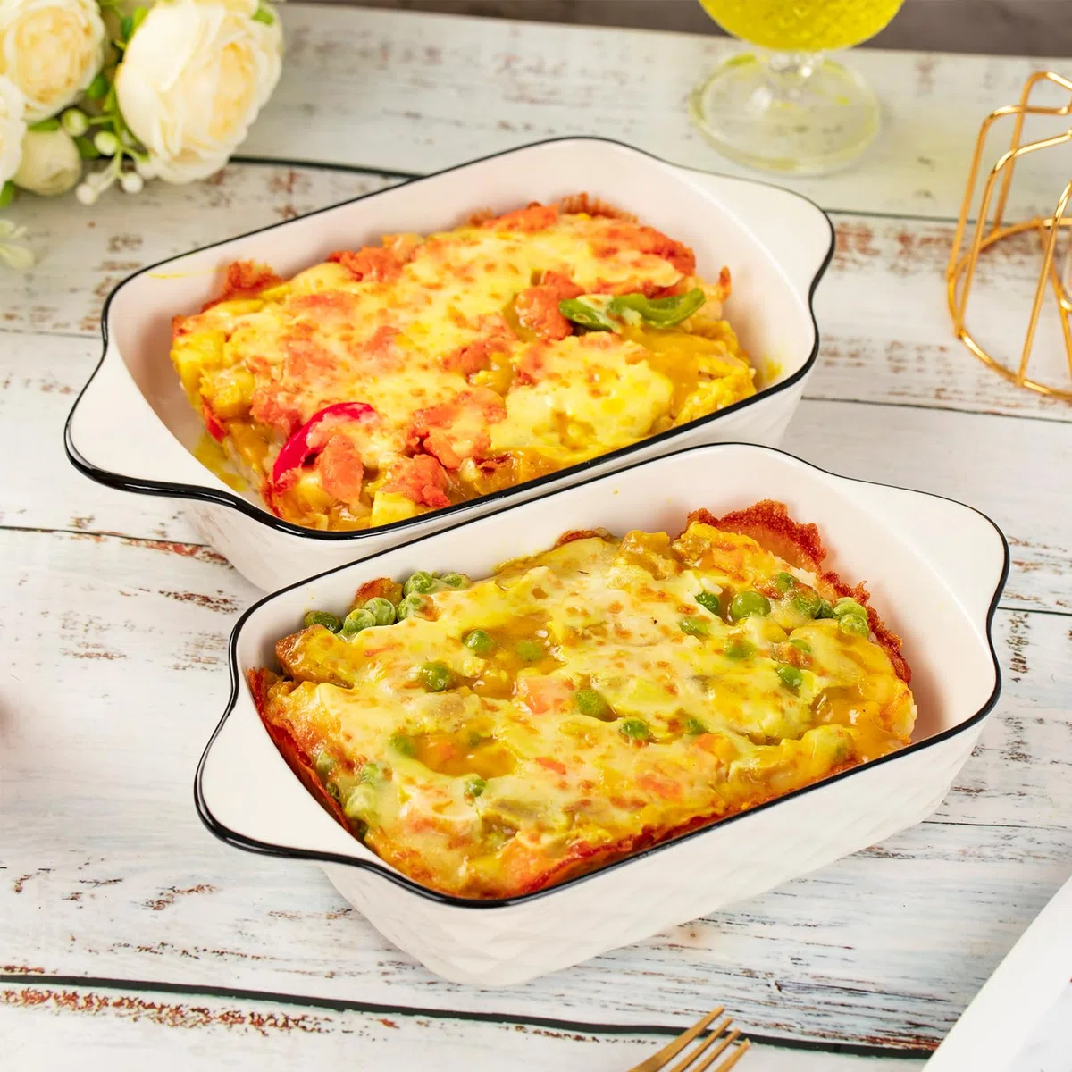 Auflaufform Kleine 2er Set,26cm Lasagneform, Rechteckige Keramik Backformen mit Griffen, Keramik-Backform, Ofenform für je 1 Portion,Servierschalle für Suppen, Obst